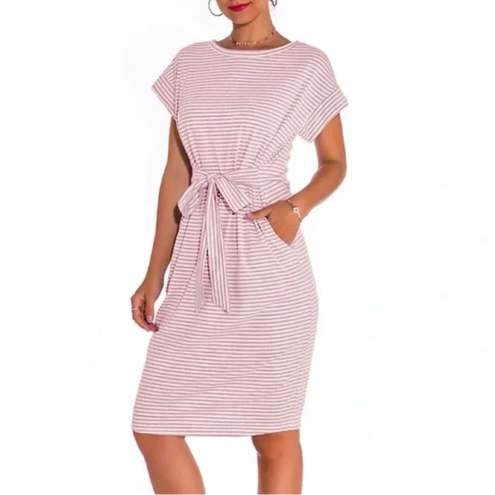 MEROKEETY Pink White Striped Short Sleeve T Shirt Dress Tie Waist Pockets S